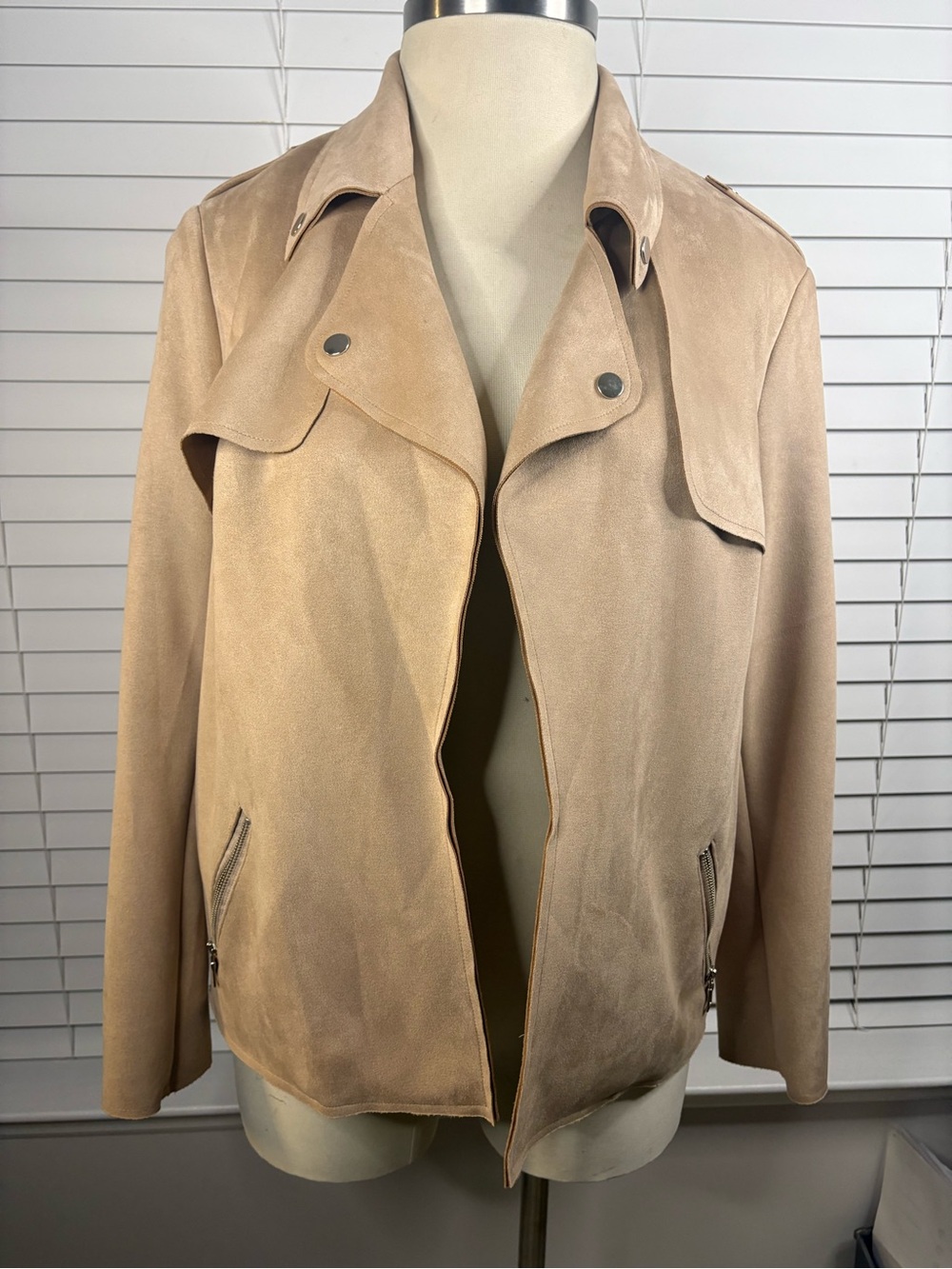 Beige Faux Suede-Look Women’s Jacket - Classic Open Front - No Closures